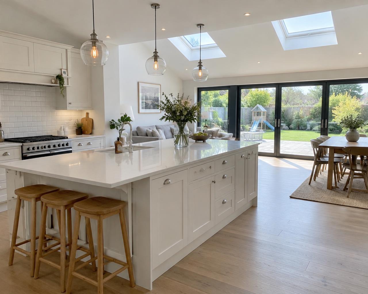Bright kitchen extension with island, skylights and garden doors